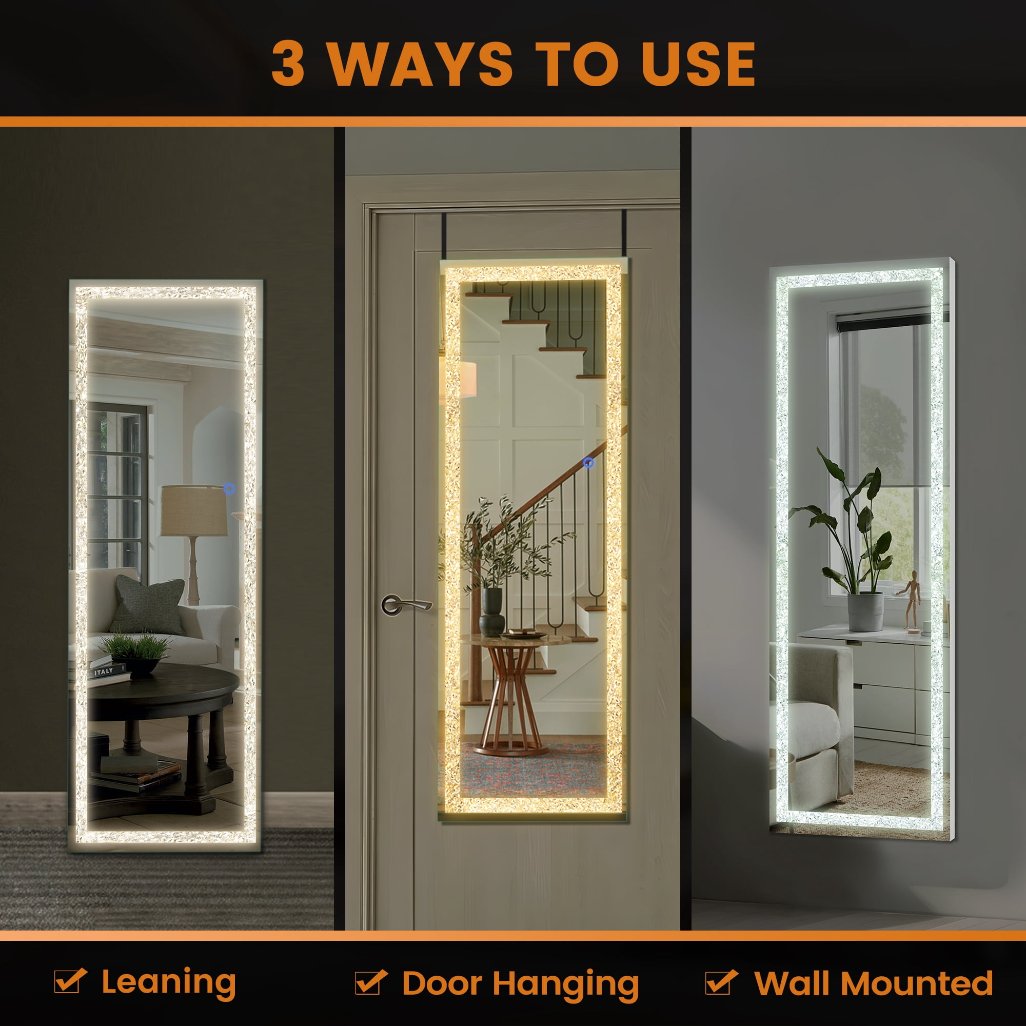 47"x16" Mordern Rectangle Hanging LED Mirror Door Mirror Vanity Mirror with Diamond,Silver