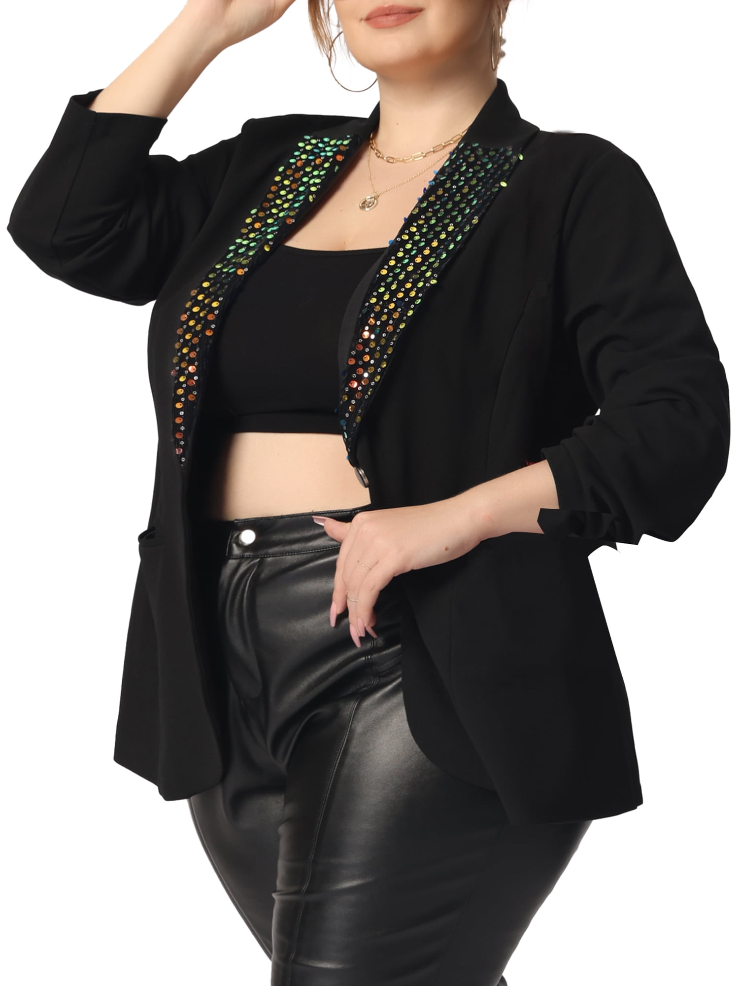 Unique Bargains Women's Plus Size Shiny Sequin Coat Button Lapel Party Blazers 1X Black
