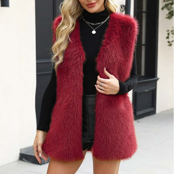 Womens Faux Fur Gilet Coat, Winter Sleeveless Vest Jacket Crew Neck Outwear Plush Warm Winter Coat Wine XL