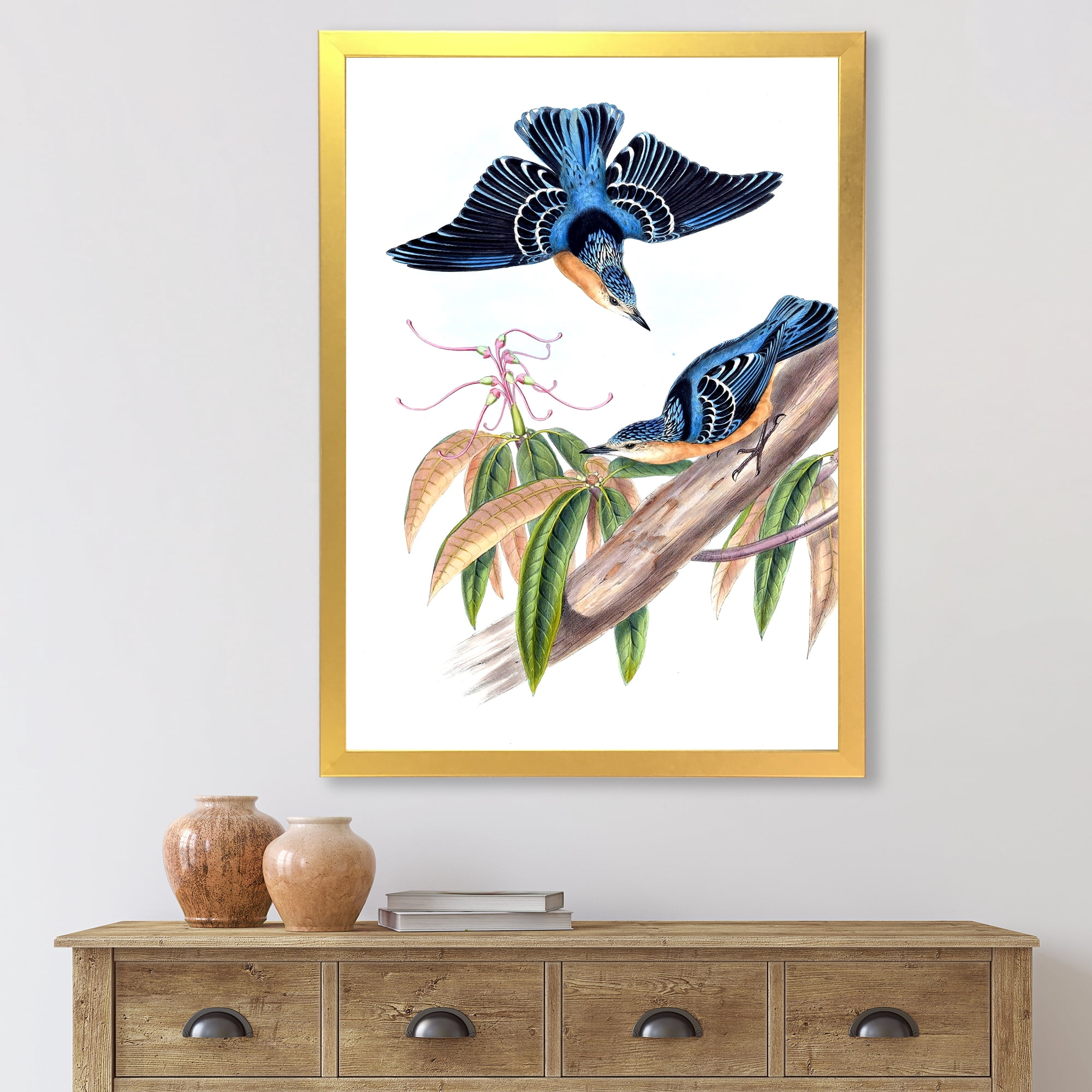 Designart 'Vintage Countryside Birds On Branch V' Farmhouse Framed Art Print