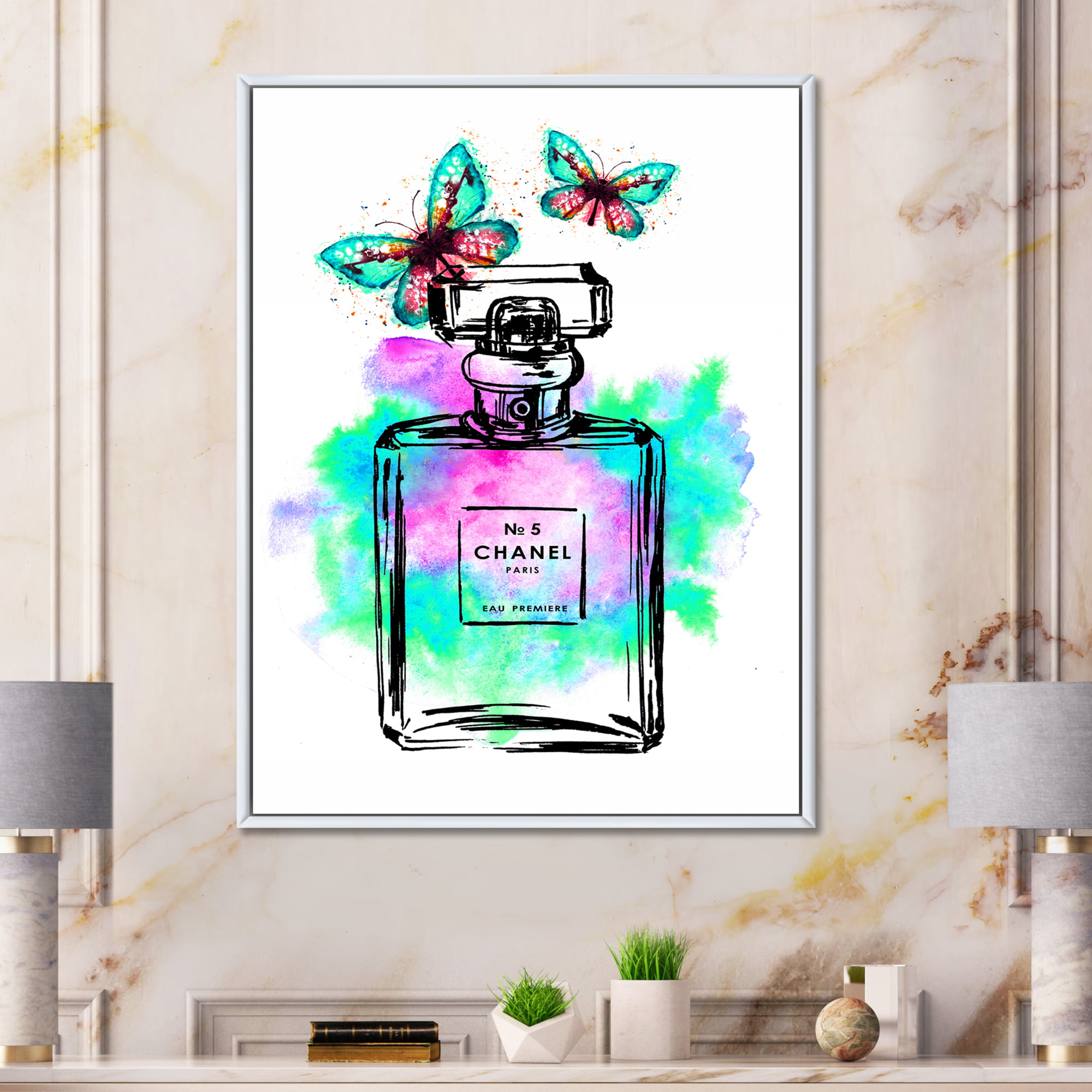 Perfume Chanel Five With Butterflies 16 in x 32 in Framed Painting Canvas  Art Print, by Designart
