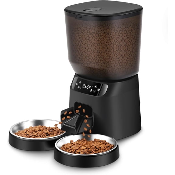 Automatic Cat Feeders for Two Cats, 5L/20 Cups Double Automatic Cat Food Dispenser with 2 Stainless Bowls, Timer Setting 20 Portions 6 Meals Per Day, 10s Meal Call, Pet Feeder for Cat