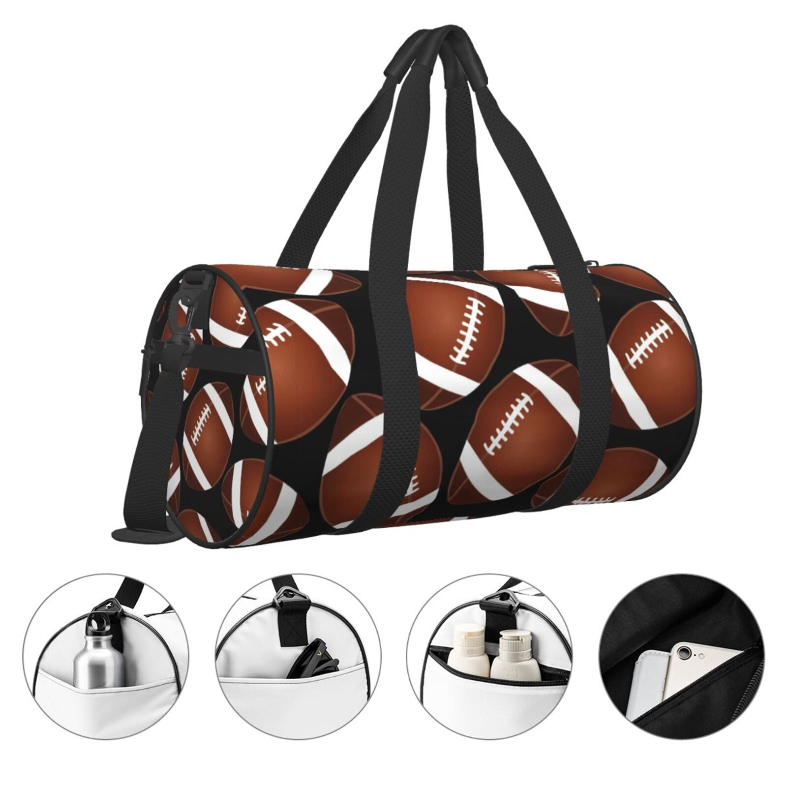 Fuzoiu Brown Football On Black Print Travel Bag, Large Capacity Travel Bag, Sports Gym Bag, Travel Duffel Bag, Weekender Overnight Bag for Women and Man