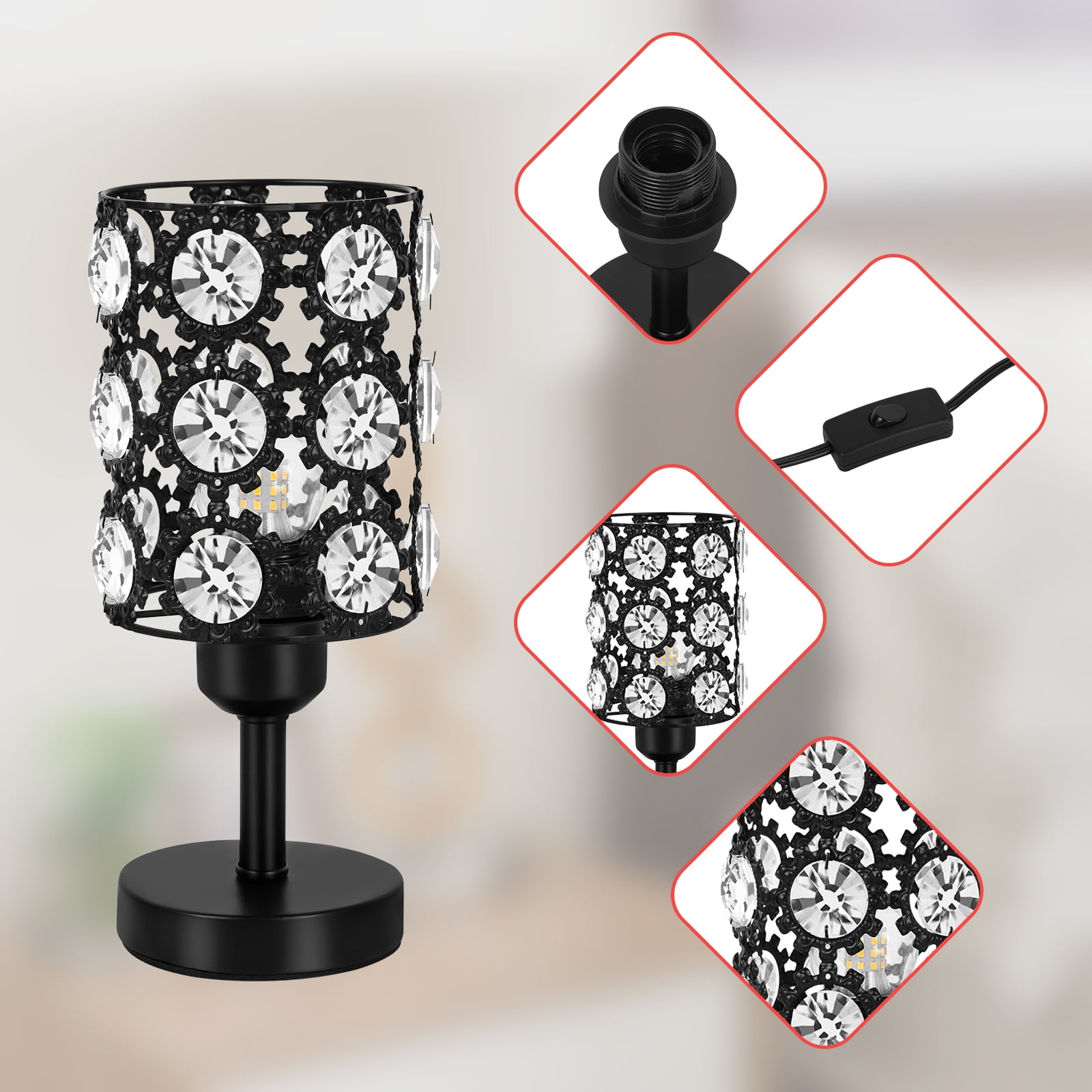 2-Pack Sunflower Black Crystal Table Lamps - Decorative Black Metal & Crystal Shade Lamps for Bedroom & Living Room
