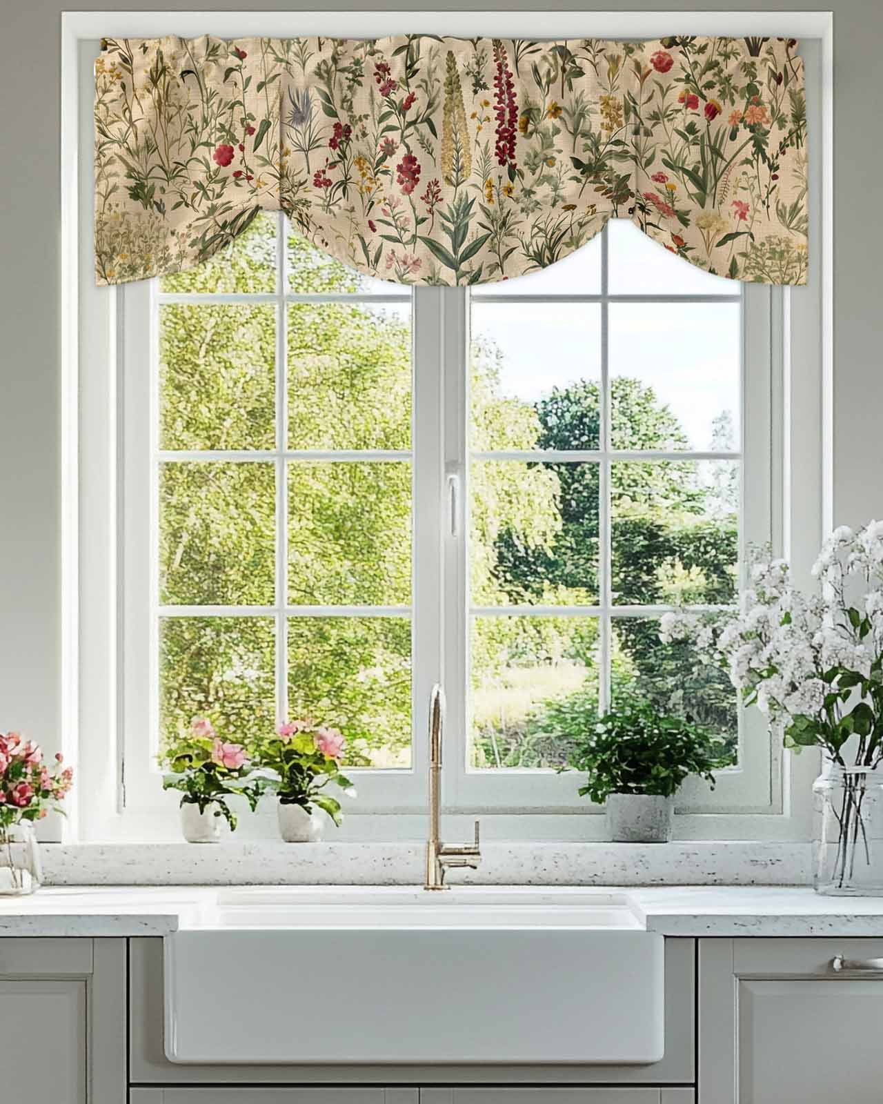 Vintage Flowers Tie Up Valances Curtain, Adjustable Kitchen Pastoral Red Flower Leaf Retro Linen Valances for Windows Decor, Rod Pocket Short Curtains Set for Bedroom/Bathroom, 42"x12"