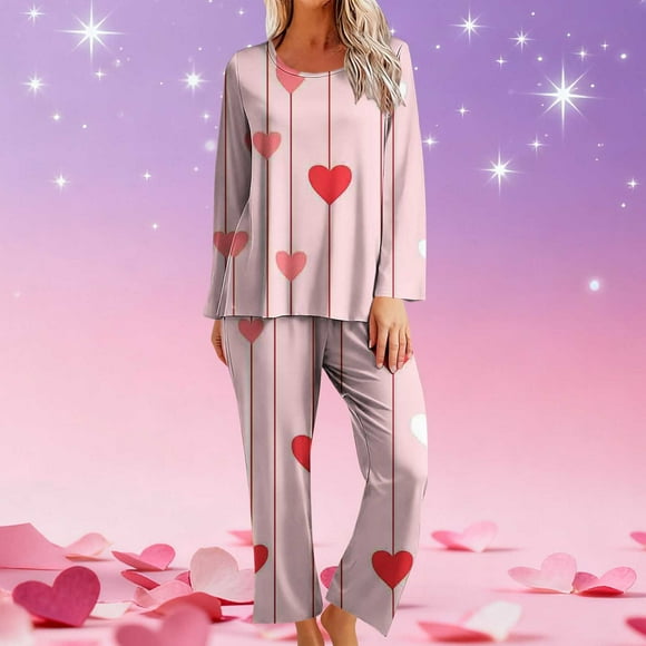 RKSTN Valentine's Gifts Pajamas Set for Women Oversized Crewneck Valentine's Day Loves Heart Graphic Printed Loungewear Matching Set Womens Casual Loose Long Sleeve T Shirt and Pjs Pant 2 Piece Set