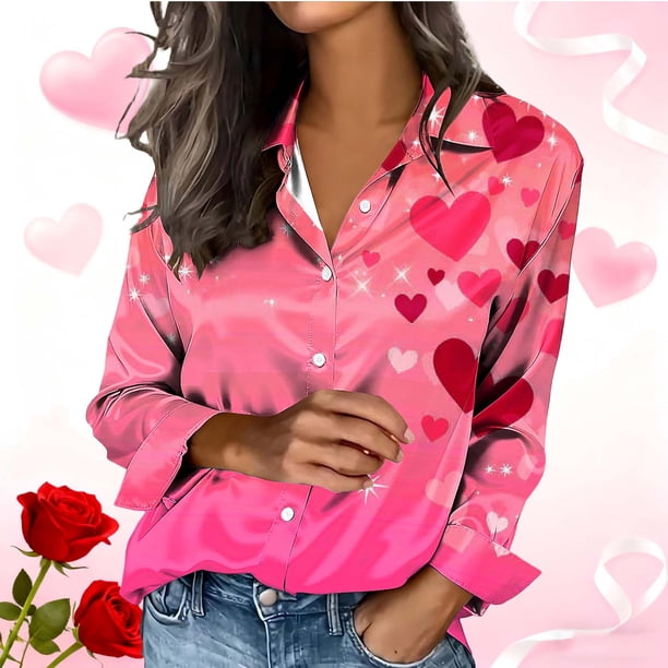 TaTaai Womens Valentines Day Blouse Long Sleeve Satin Print Button Down Shirt Lapel Collar Silky Loose Fit Spring Wear Gift