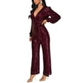 thumbnail image 3 of lulshou Jumpsuits for Women, Women'S Solid Color High-Waisted Long Sleeve V-Neck Off-The-Shoulder Sequin Slim Long Sequin Romper Women's Jumpsuits, Rompers & Overalls, Wine XXXL, 3 of 5