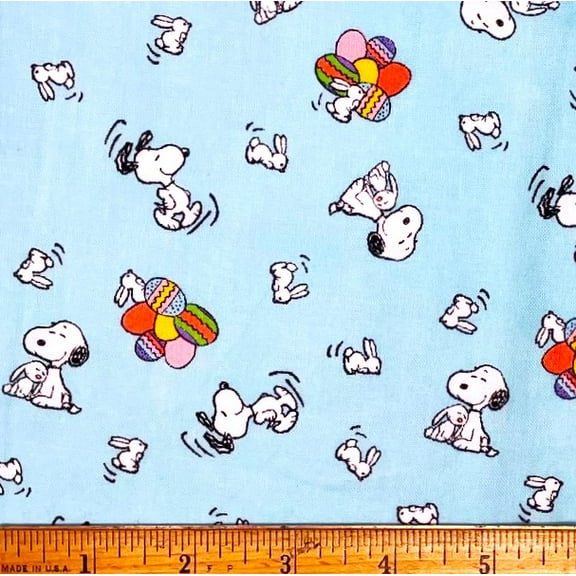 1 Fat Quarter - Peanuts Mini Snoopy & Easter Bunny on Light Blue Cotton Fabric - 18" X 21"