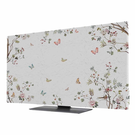 Indoor TV Cover 75 Inch, Vintage Botanical Elastic Monitor Dust Covers for Television, Desktop Computer Spring Floral Botterfly Summer Flower Dustproof Fitted TV Cover for Inside 65.4"L x 36.8"H