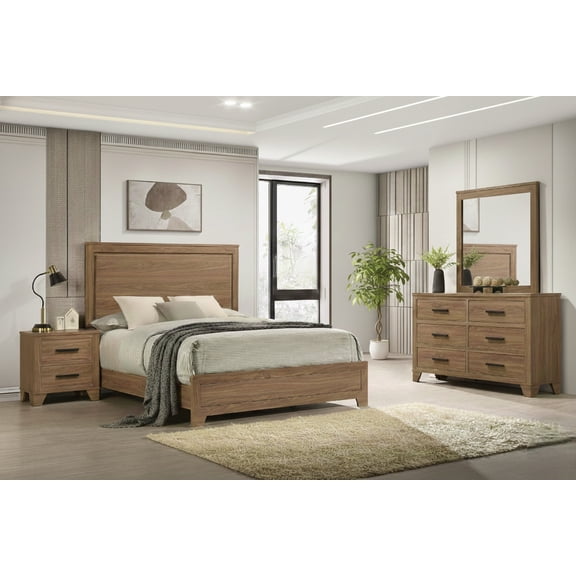 Panel Design Queen Size Bed 4pc Set Dresser Mirror Nightstand Wooden Bedroom Walnut / Chestnut color