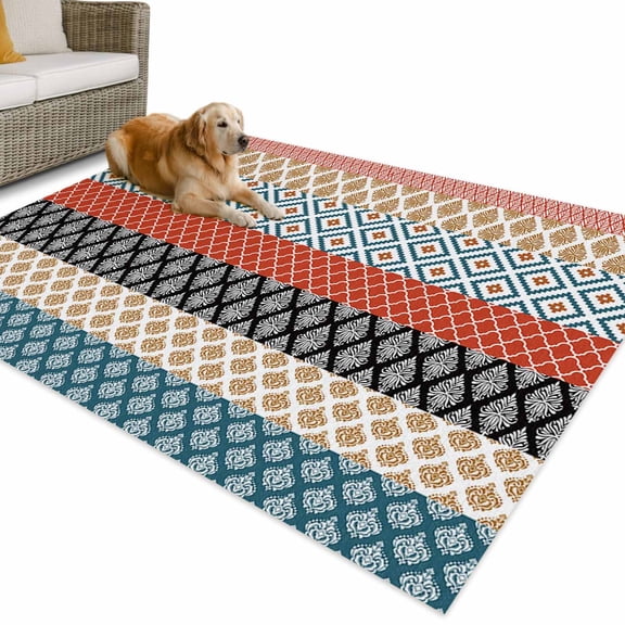 Outdoor Rug 6x9 ft Orange Teal Boho Waterproof Outdoor Patio Rug Mat Non Slip Outside Area Rugs Carpet for RV,Camping,Porch,Deck,Pool,Balconybackyard,Bohemian Geometric Pattern