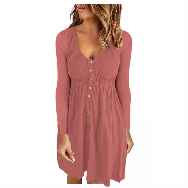LLYwey en Solde Robes d'Automne pour Femmes 2024 Tendance Décontractée Unie Col en U Boutons Manches Longues Robe Taille Nouvelle Robes de Retour à la Maison Roses P