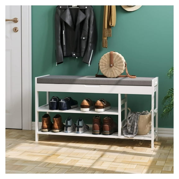 Bamboo Shoe Bench Rack with Storage, Entryway Storage Bench with Padded Seat, Shoe Oiganizer Shelf for Entryway Mudroom Bathroom, White