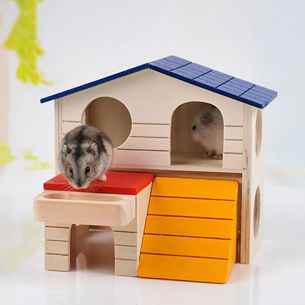 Flmtop Cute 2 Layers Wooden Hamster Sleeping Grinding Pet House with