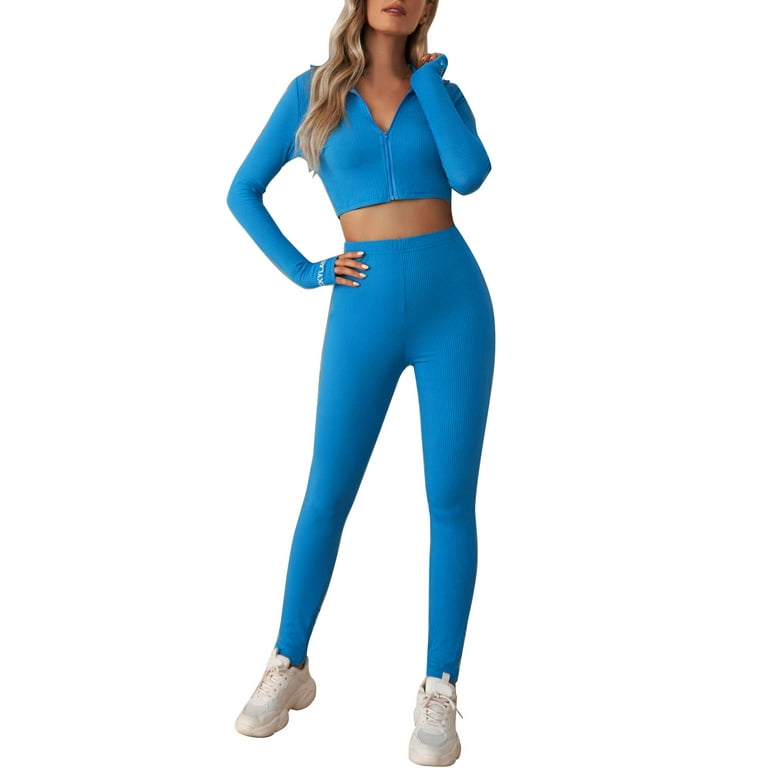 JDEFEG Yoga Clothes Set for Teen Girls Women 2Piece Activewear Workout Yoga  Set Long Sleeve Crop Top and High Waist Leggings Rubber Brick Polyester  Blue Xl 