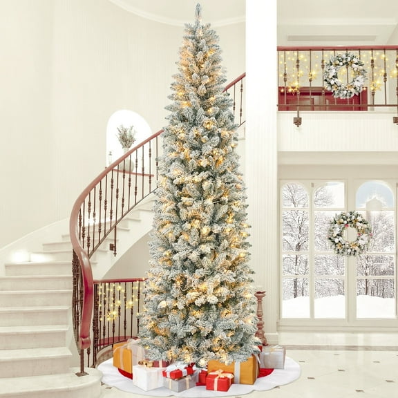 7.5FT Pre-Lit Pencil Snow Flocked Christmas Tree, 250 Lights 1000 Tips Artificial Xmas Tree with 8 Light-Modes, Metal Base Stand for Home Holiday Decoration, White