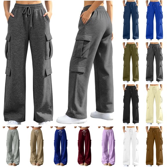 QATAINLAV High Waisted Drawstring Wide Leg Cargo Sweatpants for Woman Trendy Casual Baggy Joggers Pants with Pockets Black XL