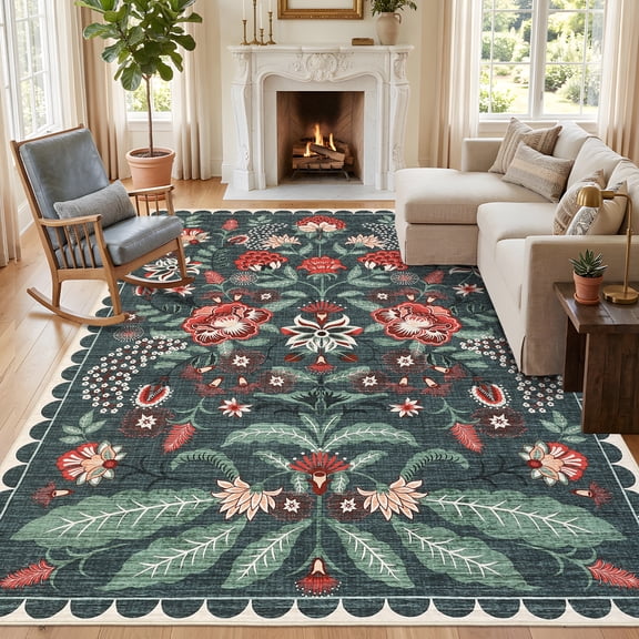 ZACOO 10'x13' Washable Area Rug, Vintage Floral Print Ultra Thin Non-Slip Pet Friendly Decor Carpet for Living Room Dining Room, Blue Green