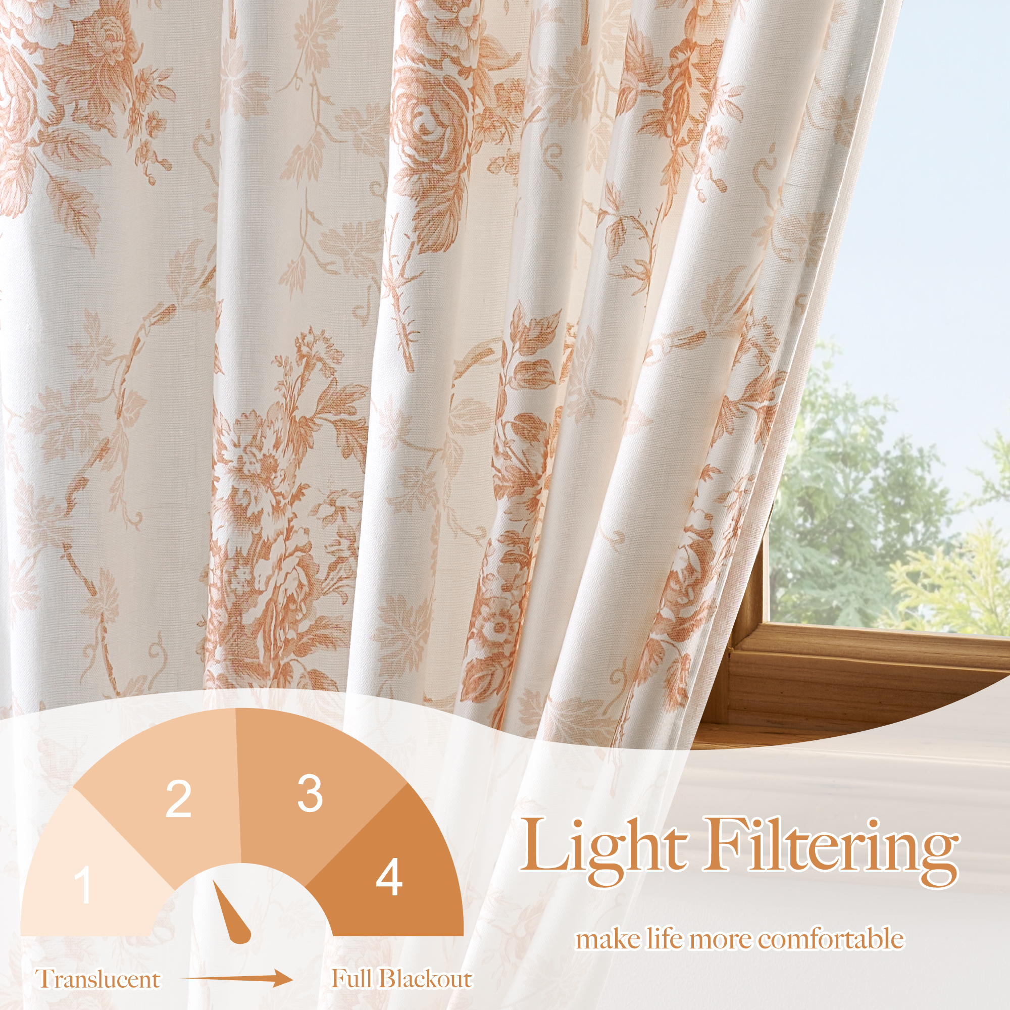 NICETOWN Linen Curtains for Bedroom, Luxury Floral Printed Faux Belgian Linen Curtains Light Filtering Modern Linen Drapes Back Tab Privacy Protection Window Treatments, Brown, 52"x84", 2 Panels