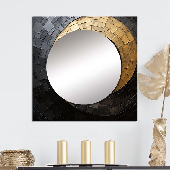 Designart "Opulent Black & Gold Pottery Spirals" abstract spirals Gold Large Square Mirror - Square Bedroom Mirror Printed Wall Decor - Modern Square Printed Wall Mirror Art