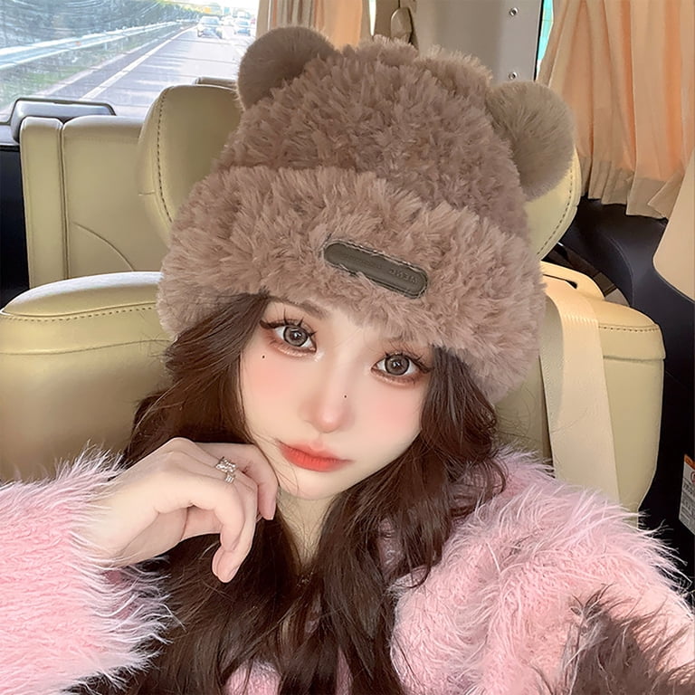 Xfvqtps Womens Beanie Knit Fuzzy Cuffed Cute Bear Ear  display picture 1