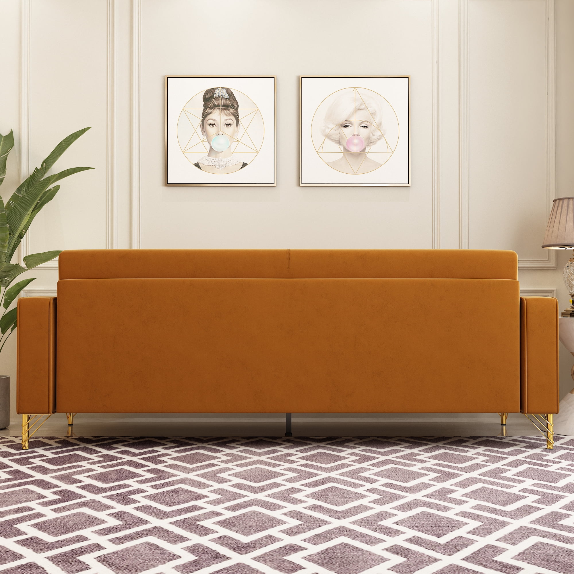 Modern Velvet Upholstered Sofa Couch with Pillows Removable Cushions and Gold Metal Legs for Living Room Office Apartment