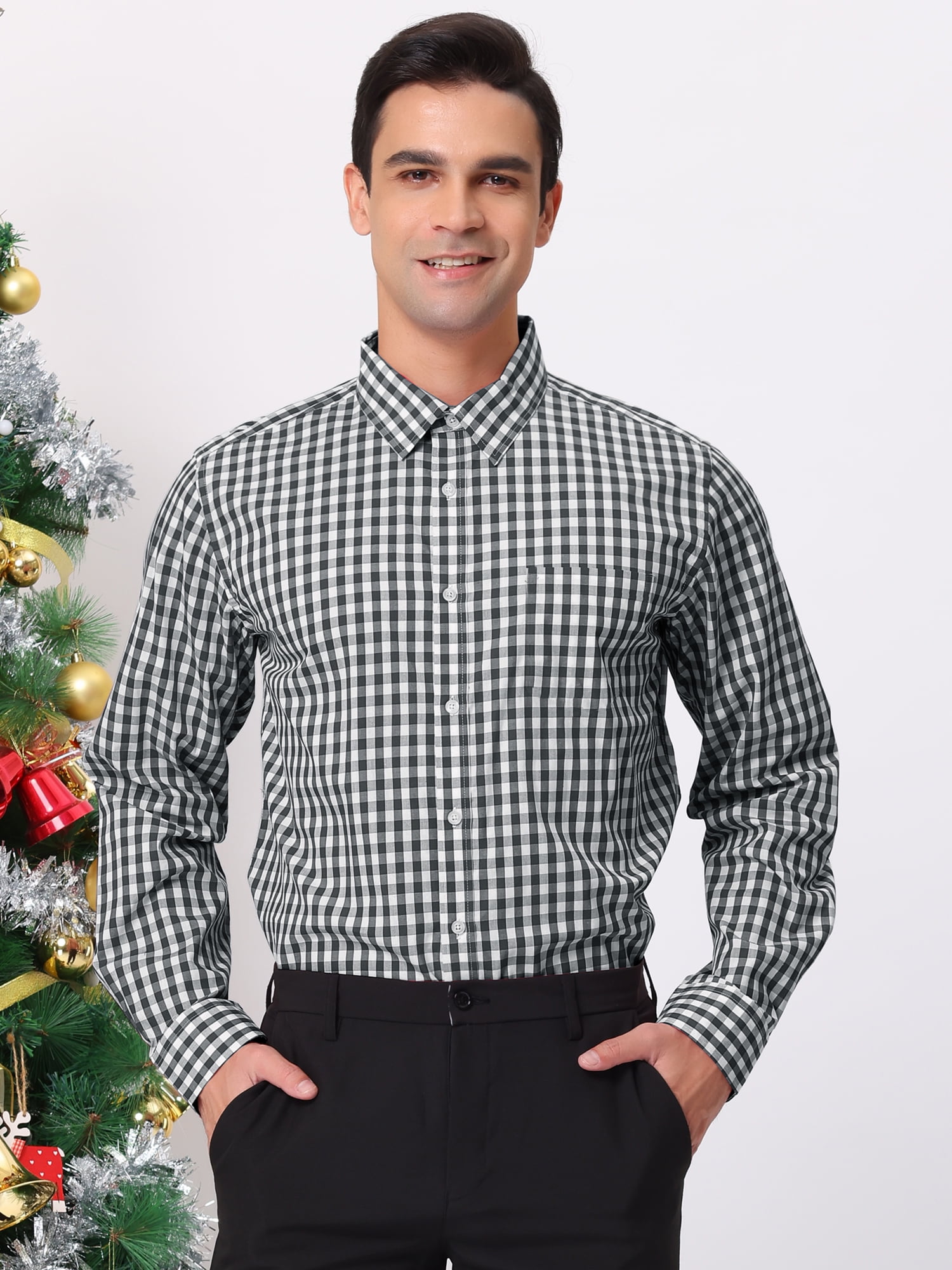 Unique Bargains Men's Plaid Button Down Long Sleeves Dress Checkered Shirts XL Black White