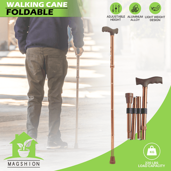 YEXJ Foldable Walking Cane Adjustable Height Non-slip Aluminum Bronze Walking Stick, Features-Adjustable Height, Foldable, Solid Support
