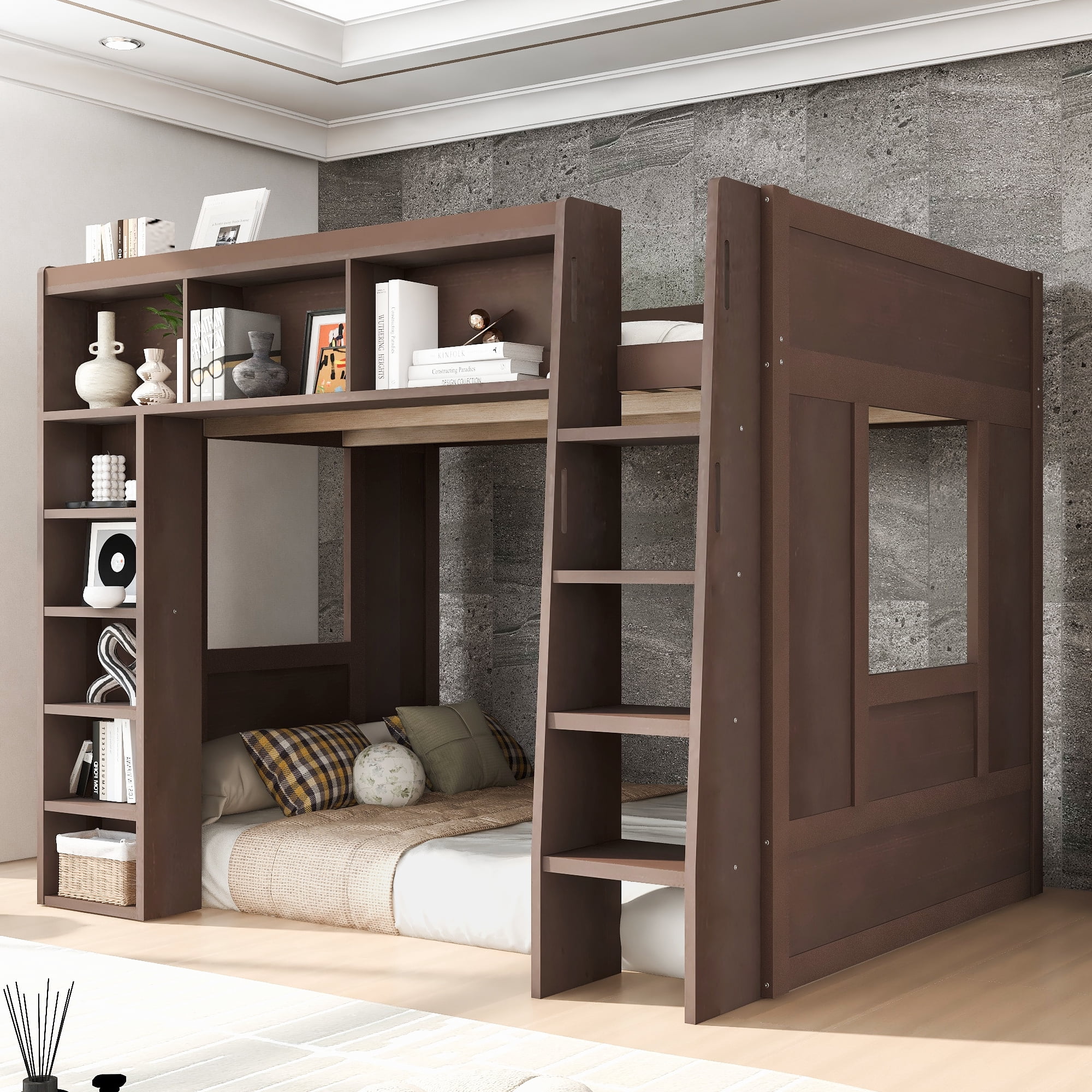 Euroco Wood Queen Size Loft Bed with Storage Cabinets and Shelves, Brown