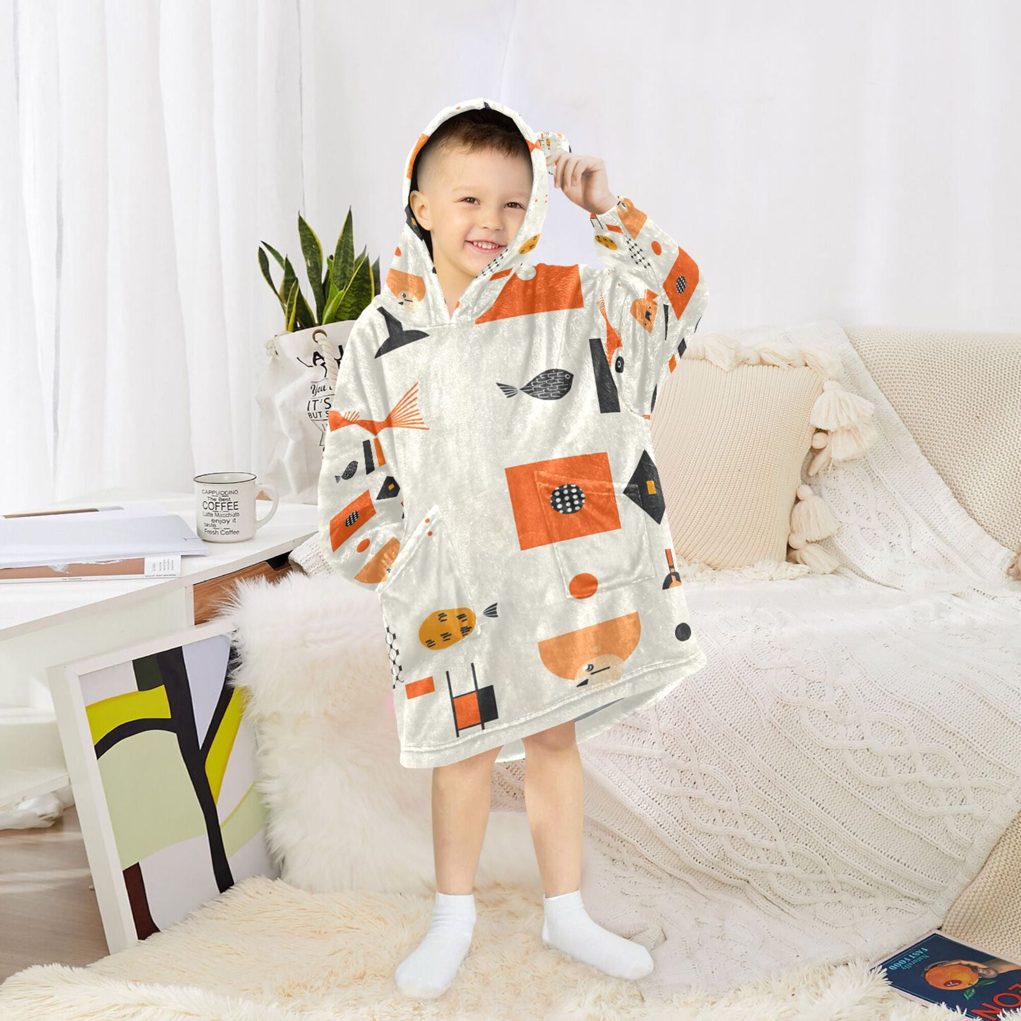 FORMRS Wearable Blanket Hoodie with Sleeves for Kids Cozy Flannel Sweatshirt, Minimalist Geometric Pattern