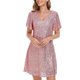 thumbnail image 5 of Puntoco Vestido Corto De Fiesta Con Cremallera En La Espalda, Sexy, Brillante, totalmente forrado, Con Cuello En V, Línea A, Falda Corta De Calidad Elegante, Vestido De Manga Corta, Rosa Xl, 5 of 7