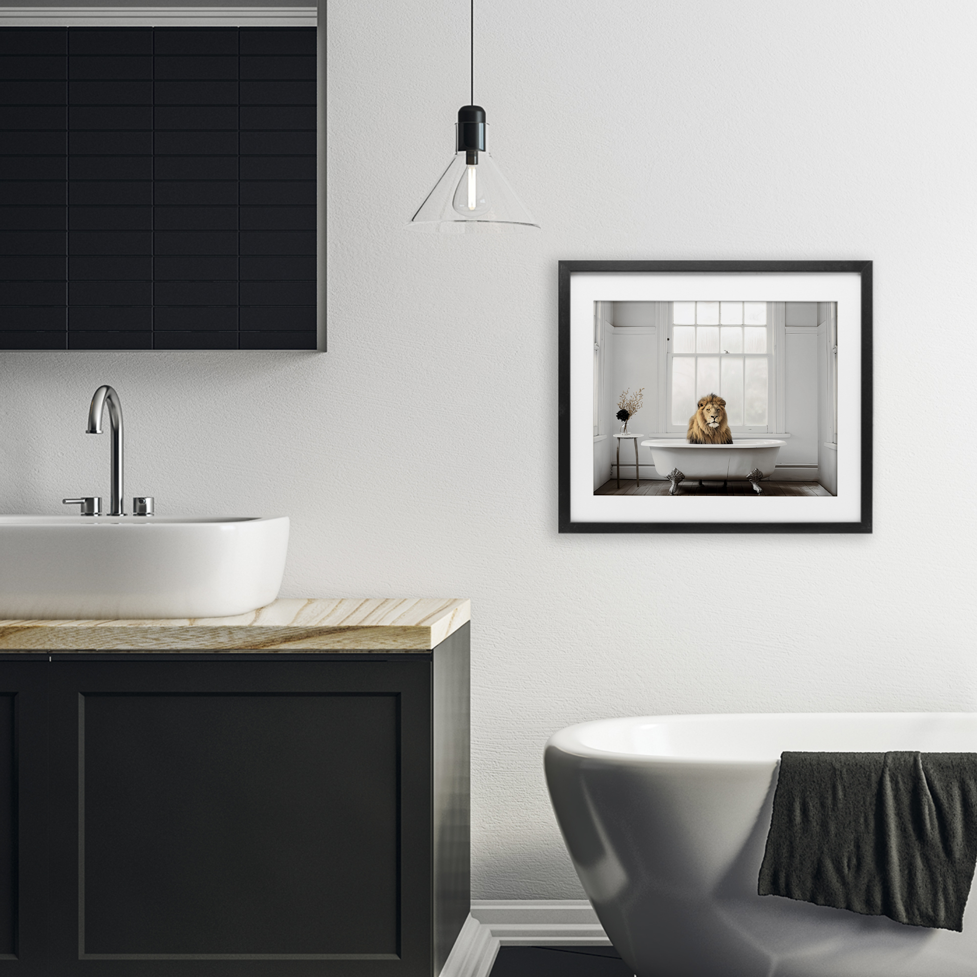 Minimalist Lion Bathtime Black Framed Print Under Glass, design by Sasha