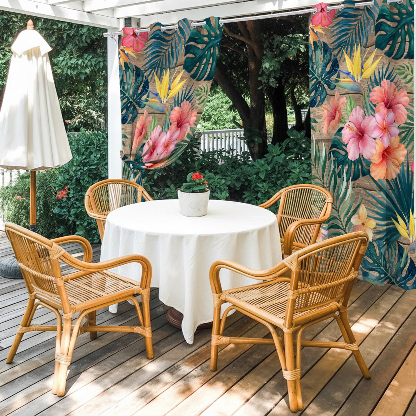 Pink Hibiscus Flower Outdoor Curtains for Patio, Palm Leaf Summer Coastal Tropical Botanical Vintage Sunshade Privacy Drapes Grommet Waterproof Outside Curtains for Porch Balcony 54"x108", 1 Panel
