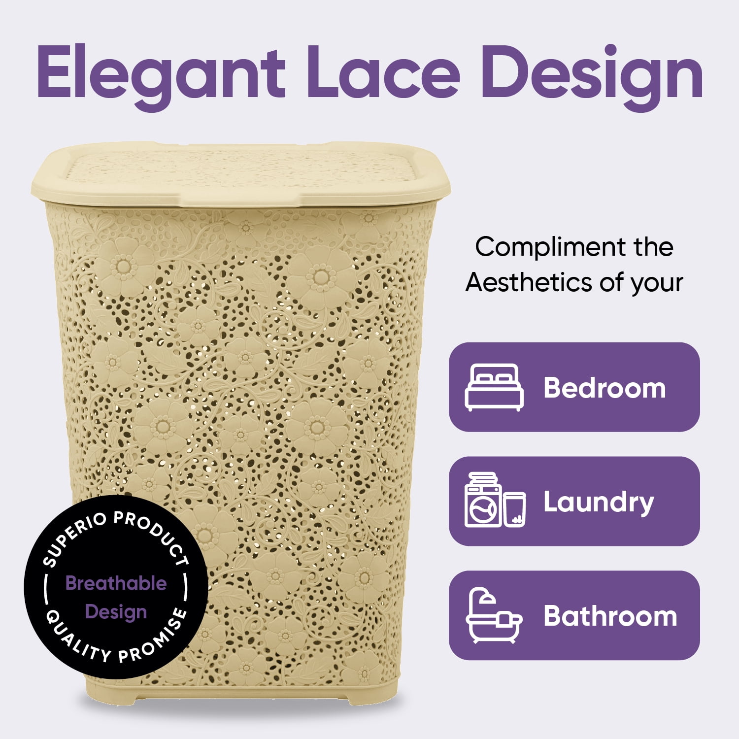 Superio 50L Large Lace Plastic Laundry Hamper with Lid - Beige (2 Pack)