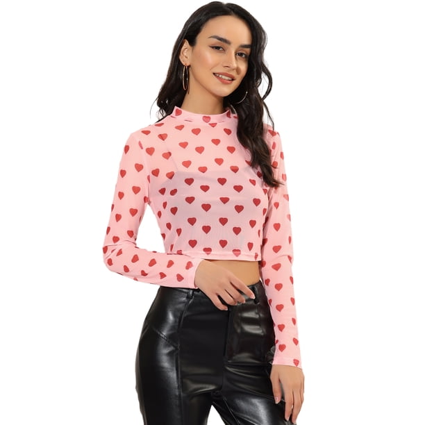 Blusa de malla Allegra K Cuello redondo Estampado de Corazón Semitransparente Rosa S