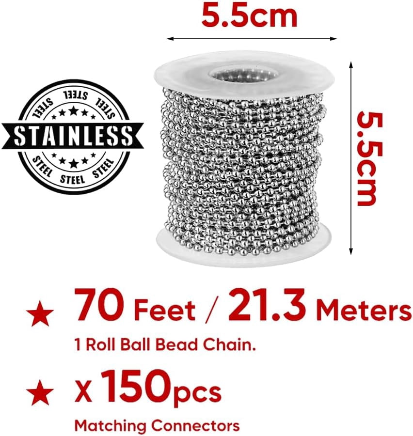 Ball Bead Chain 70 Feet, Stainless Steel Chains Silver with 150pcs Connectors Clasps, Dog Tag Key Chains for Bracelet Making DIY Necklace Crafts, 2.4mm Ball, 1 Roll 21.3 Meters