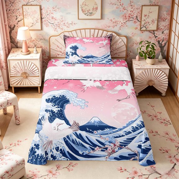 Manfei Ukiyo-e Crane Twin Sheet Sets for Girls Women, Fuji Moon Wave Bedding, Pink Blue White 3pcs, 1 Flat Sheet, 1 Fitted Sheet and 1 Pillowcase