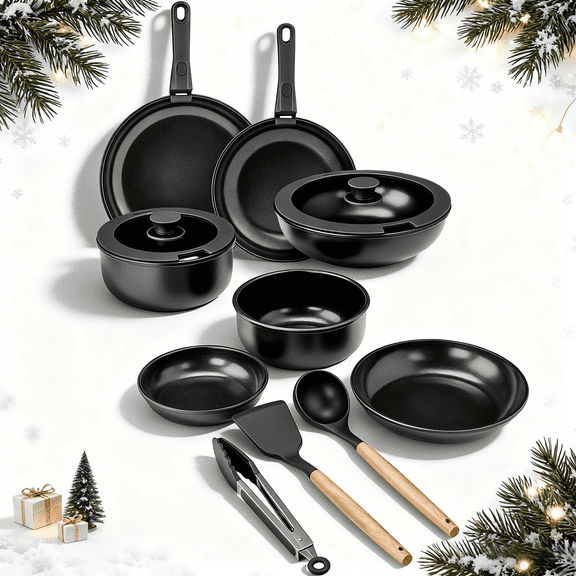 Ktaxon 23pcs Nonstick Cookware Set with Detachable Handle, 7 Pots and Pans Set Aluminum Kitchen Cooking Set, Induction Safe, Black