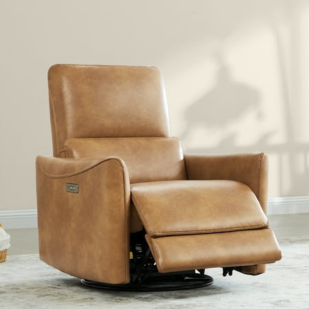 CHITA Power Recliner Swivel Glider Rocker Nursery Chair with USB for Living Room, Faux Leather in Cognac Brown