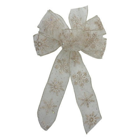 14  x 9  Sheer and Gold Snowflake 6 Loop Christmas Bow Decoration