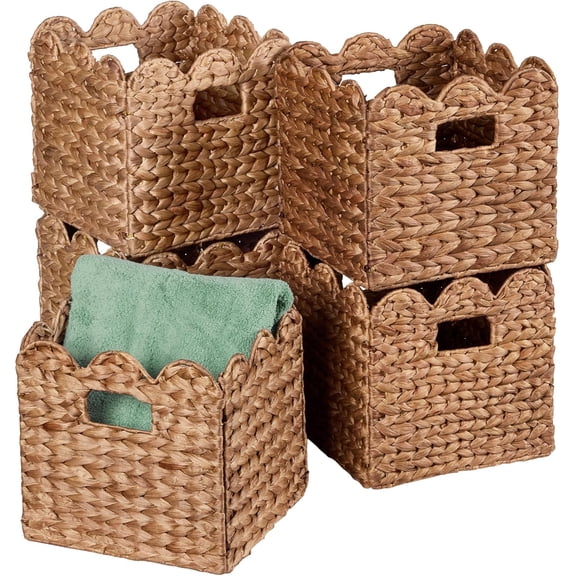 Sunny Lane 10.5x10.5in Scalloped Hyacinth Baskets, Set Of 5 Multipurpose Collapsible Storage Organizer, Handwoven Laundry Totes for Bedroom, Living Room, Shelves – Chestnut