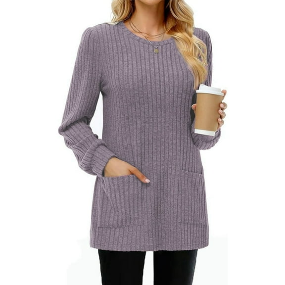 Long Sleeve Shirts for Women Long Sweaters with Pockets Tunic Tops Loose Fit Purple M