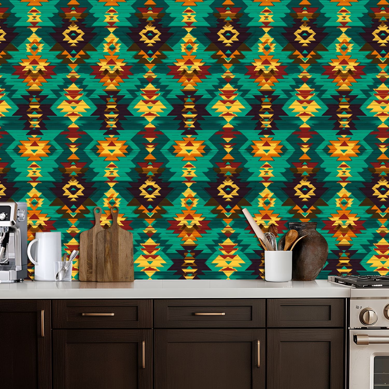 Aztec Peel and Stick Wallpaper Geometric Tribal Vibrant Colors Bold Shapes Wall Mural 17.7in x 9.8ft Self Adhesive Removable Wall Paper Renter Friendly Wallpaper for Nursery Bedroom Cabinets