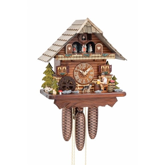 Black Forest House Cuckoo Clock with Moving Beer Drinker, Rotating Mill Wheel and Rotating Dance Plate