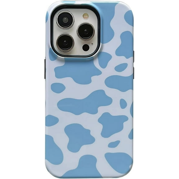 Blue Cow Print Phone Case for iPhone 12 Pro Max Chic Cute Trendy Aesthetic Glossy Hybrid 2 Layers Hard Shell Silicone Shockproof Protective Girl Women i12promax 6.7" Cover