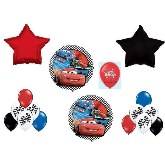DalvayDelights Cars McQueen Racing Flag 17 Piece Happy Birthday Party Mylar and Latex Balloons Set