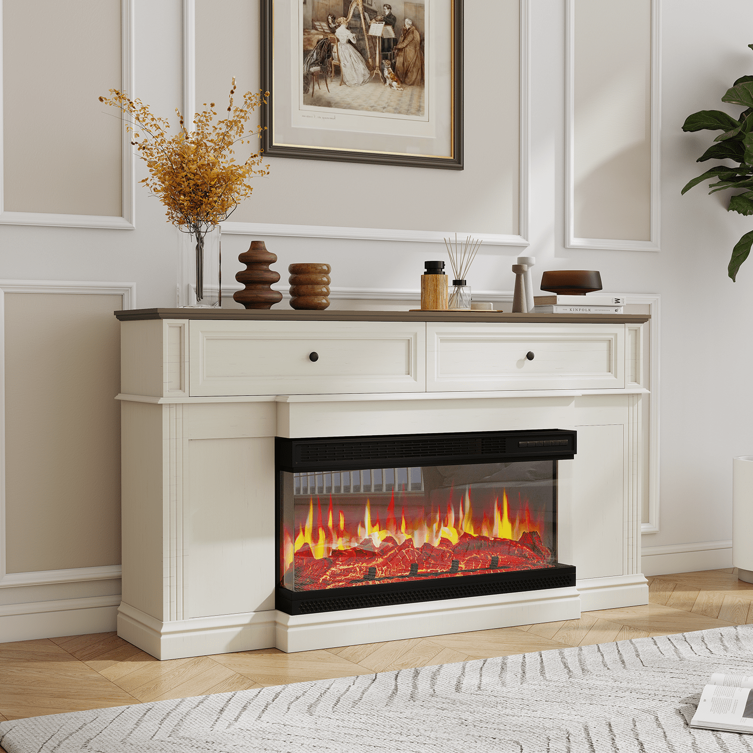 BaPiPro 63" Fireplace TV Stand for TVs up to 70", 36" Triple-Sided Electric Fireplace Entertainment Center, Vintage Farmhouse TV Console for Living Room, White