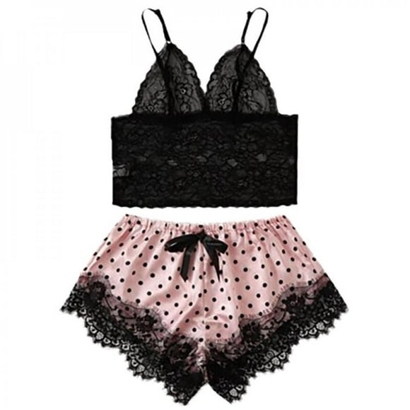Lace Trim Satin Cami Top Sexy Lingerie Pyjamas Set V Neck Sleeveless Strap Pajama Sets Women polk dot Sleepwear Set Pink S