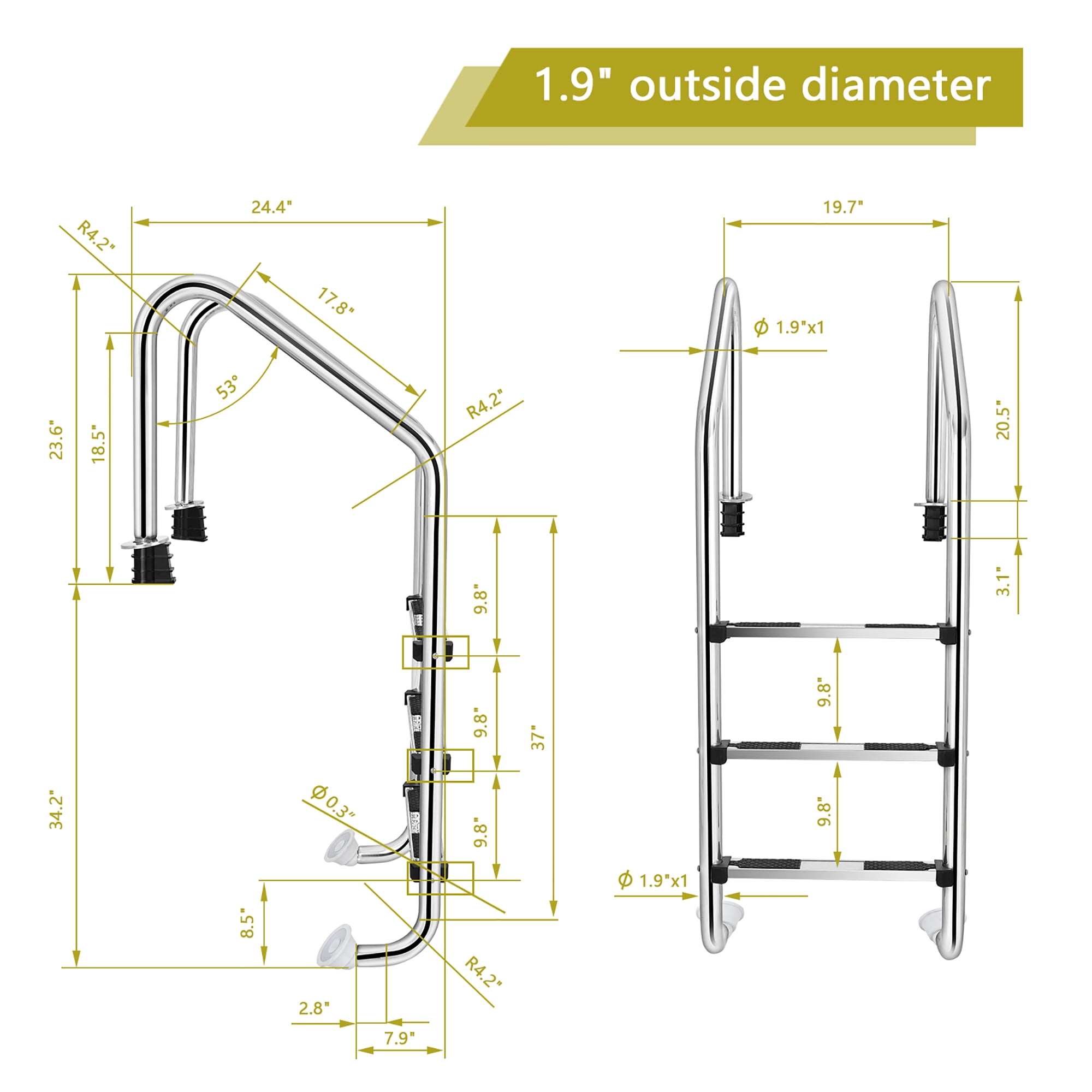 Costway 57.8" Stainless Steel Anti-Slip 3 Step Pool Ladder for In-Ground Pools